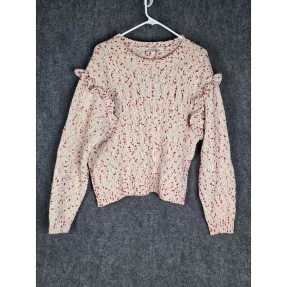 Crown & Ivy Ruffle Shoulder Sweater Womens Medium Cream Pink Popcorn Knit Jumper